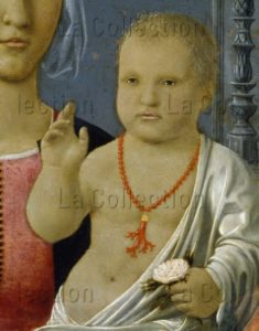 Piero della Francesca. La Madone de Senigallia. Détail : Christ. Vers 1470. Peinture. Urbino. Gal. Naz. delle Marche.