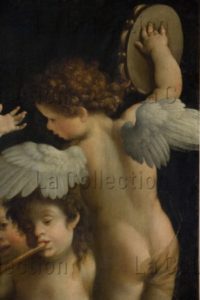 Gamberucci, Cosimo (attribué à). Concert de putti. Détail : angelot de dos. XVIIe siècle. Peinture. Florence, Palais Pitti, Galerie Palatine.