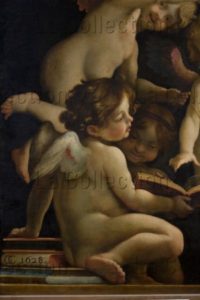 Gamberucci, Cosimo (attribué à). Concert de putti. Détail : angelot assis. XVIIe siècle. Détail. Peinture. Florence, Palais Pitti, Galerie Palatine.