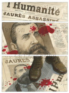 "Mattéo". Tome 1. Gibrat, Jean Pierre (ill. et récit). La Une de "L'Humanité", Le Jour de l'assassinat de Jaurès (1914). Futuropolis, 2008, P. 3.