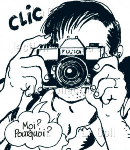 "Le Petit bleu de la côte Ouest" (Jean-Patrick Manchette). Jacques Tardi (ill.). Gerfaut nous prend en photo avec son appareil Fujica (p. 25). 2008. Ed. Futuropolis.