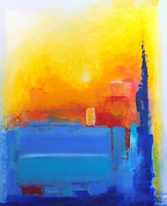 Aoudjhane, Hayet. ...Nous regardons la lumière descendre du ciel, la mer sans une ride... Le Chant du Silence. 2023. Peinture. Collection particulière.