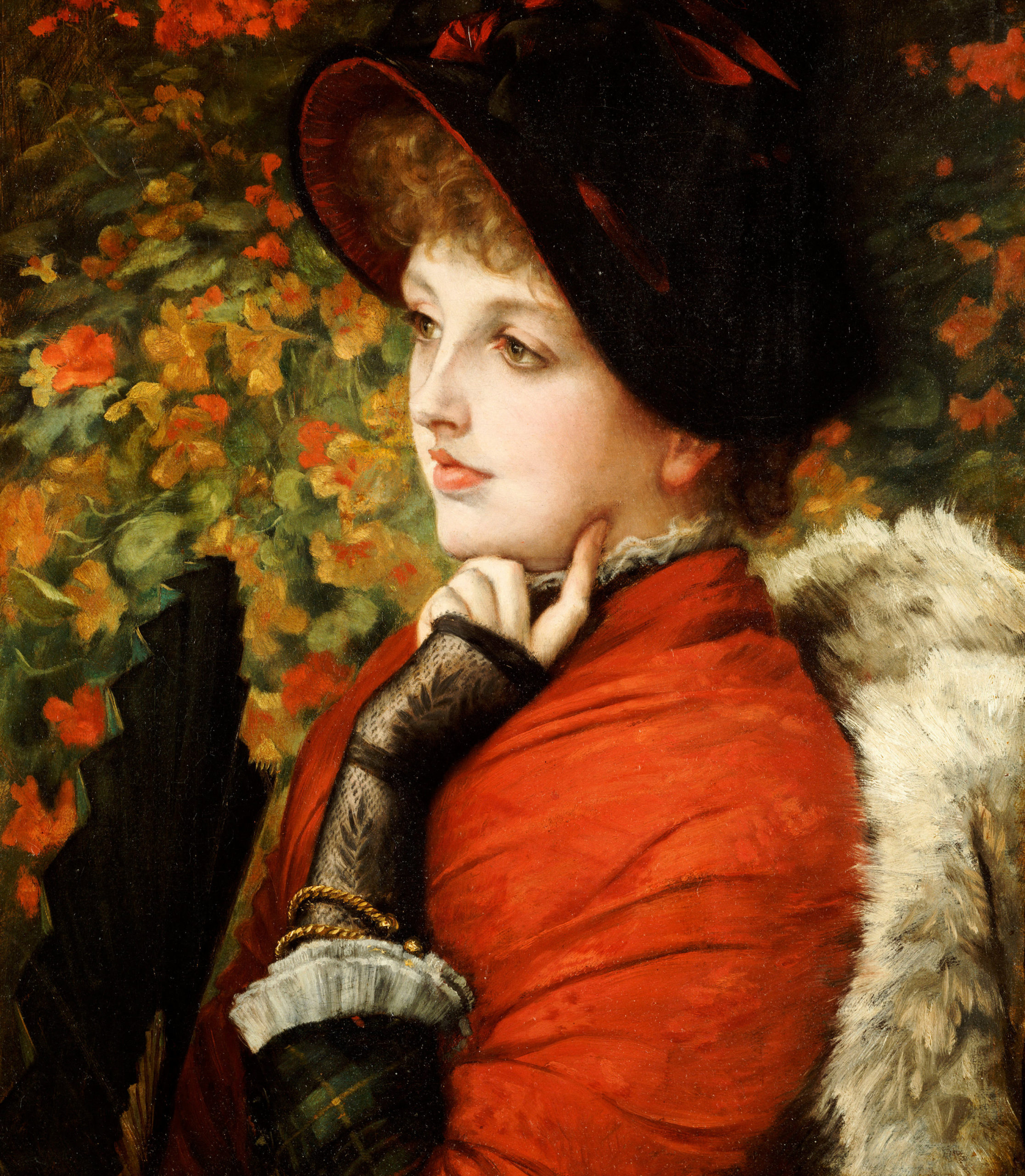 Tissot, James. Portrait de Kathleen Newton dans un vêtement rouge et avec une coiffe noire. 1880. Peinture. Collection particulière.