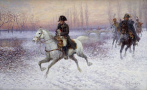 Van Chelminski, Jan. Napoléon avec un groupe de cavaliers. Fin XIXe-début XXe siècle. Peinture. Collection particulière.