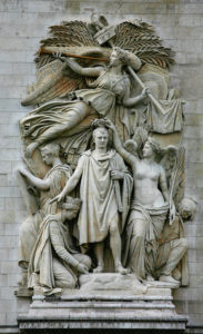 France. Paris. Arc de triomphe de l'Etoile. Cortot, Jean-Pierre. Détail : le Triomphe de 1810 ou l'Apothéose de Napoléon Ier. 1833-1837. Sculpture.