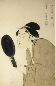 Utamaro, Kitagawa. Jeune mariée regardant ses dents teintes en noir. 1792-1793. Gravure. Cologne, Museum für Ostasiatische Kunst.
