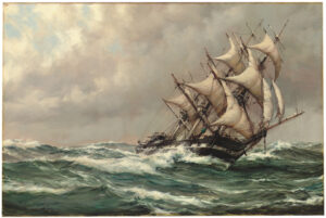 Dawson, Montague. Le Devonshire pris dans les vagues de l'océan Atlantique. XXe siècle. Peinture. Collection particulière.