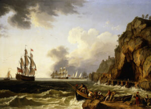 Hackert, Jacob Philipp. Bateau de guerre anglais et navires dans le golfe de Naples. 2e moitié XVIIIe siècle. Peinture. Collection particulière.