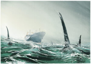 Ailerons d'orques devant le "Marion Dufresne". "Voyage aux îles de la Désolation". Lepage, Emmanuel. Futuropolis. 2011 (p. 90-91).