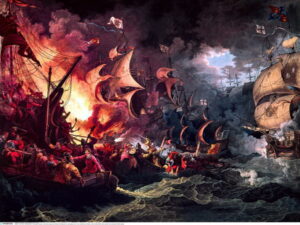 Espagne. Invincible Armada. Combat dans la Manche. XIXe siècle. Gravure. Collection particulière.