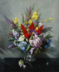 Ward, Vernon. Bouquet de fleurs avec lilas, hortensias et autres fleurs de jardin. XXe siècle. Peinture. Collection particulière.