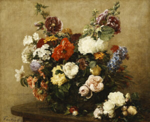 Fantin-Latour, Henri. Bouquet de fleurs variées et roses sur une table.1881. Peinture. Collection particulière.