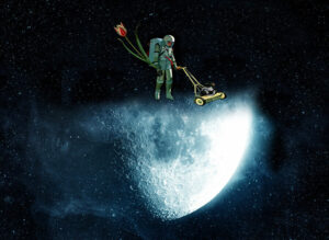 MOON 6 : cosmonaute passant une tondeuse a gazon sur la lune. collage de Solange GAUTIER.