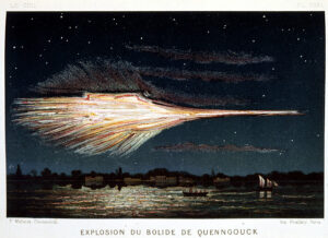 Chute d'un meteorite: Explosion du bolide de Quenngouck (INDES) , le 27 decembre 1857' planche astronomique, vers 1880.
