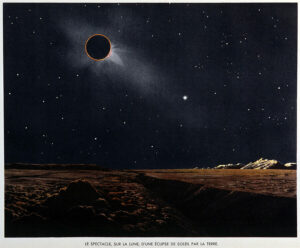 'Le spectacle, sur la lune, d'une eclipse de soleil par la terre'. Illustration par Lucien RUDAUX (DR) in. 'Sur les autres mondes' en 1937.