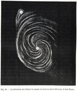 'La nébuleuse des chiens de chasse vue dans le grand telescope de Lord Rosse', tiree de Les Etoiles et les Curosites du Ciel par Camille FLAMMARION (1842-1925). Collection particulière.